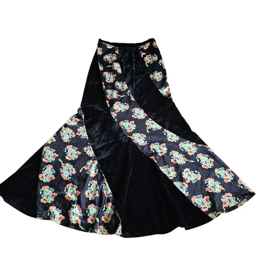 Free people size 8 twisted floral satin black velvet maxi skirt new - Picture 4 of 7